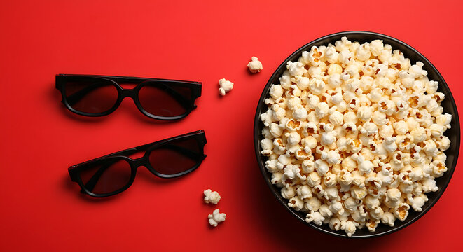 Popcorn bowl and sunglasses on bold red background