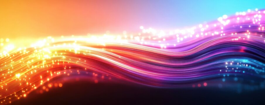 Vibrant multicolored flowing light ribbons and glowing particles over a dark gradient background conveying motion and energy