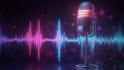 Podcast microphone with vibrant neon sound waves creating an engaging audio experience for listeners and viewers, perfect for modern media projects