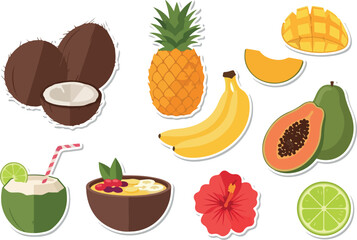 Tropical Fruit Sticker Pack Coconuts, Pineapple, Mango, and More