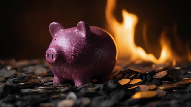 Colorful piggy bank surrounded by coins on a dark background with a warm flame, symbolizing savings