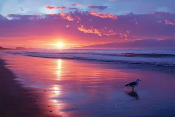 Solitary seagull standing on wet sand at a vibrant pink and purple sunset over a calm sea with reflective shoreline, soft clouds and a peaceful, contemplative mood