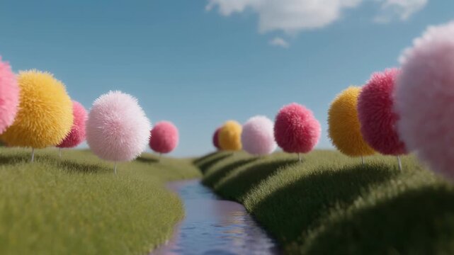 Colorful fluffy trees along a serene riverbank under a bright blue sky
