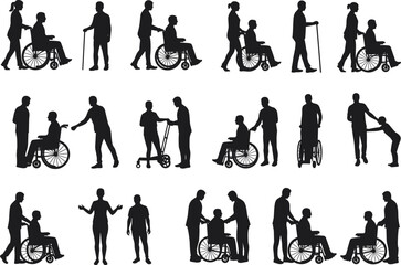 Silhouettes of caregivers assisting disabled and elderly people in wheelchairs and with walkers, perfect for healthcare, support, or rehabilitation themes