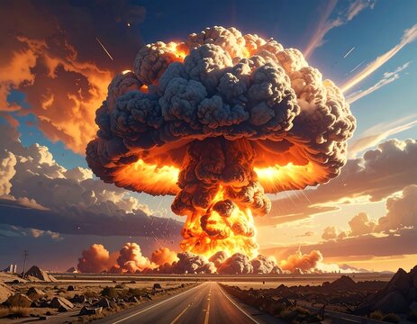 Dramatic view of a nuclear blast mushroom cloud above a desolate landscape