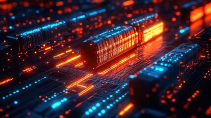 Futuristic glowing circuit board with rows of illuminated modules, orange and blue LED traces on a reflective black surface, vibrant energetic and intense atmosphere