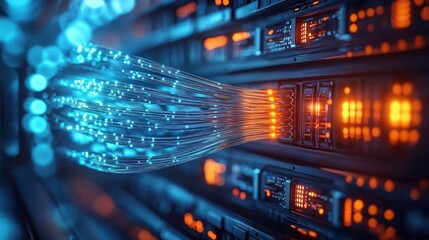 Glowing blue fiber optic cables plugged into illuminated server racks, vibrant orange status lights, high-tech connected and futuristic data center vibe