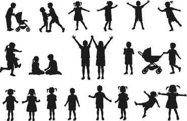 Silhouettes of children playing, walking, and interacting in various poses, perfect for childhood, parenting, education, and activity design themes.