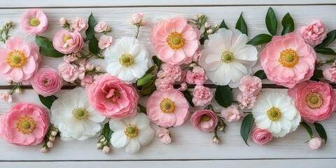 Horizontal flat lay of pink and white blooms and small buds with green leaves on white wooden planks conveying a romantic delicate spring mood