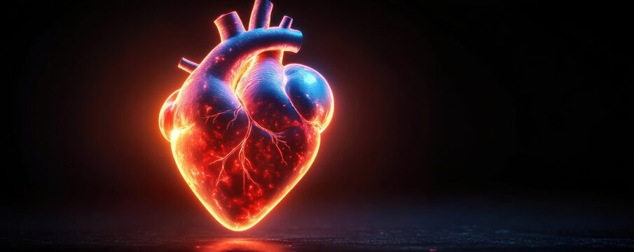 Glowing anatomical heart suspended above a dark surface, illuminated by blue and orange energy with visible veins and a pulsing sense of life and intensity - Powered by Adobe