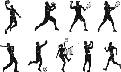 Silhouettes of athletes playing various sports, including tennis, football, basketball, volleyball, golf, and running, isolated on white background