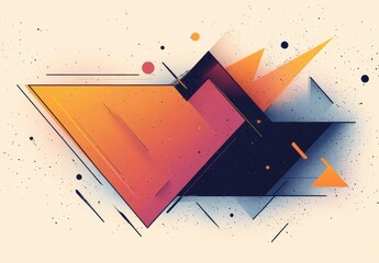 Dynamic layered geometric composition of overlapping triangles and parallelograms in warm orange and pink with deep navy, speckled texture, scattered dots and diagonal lines conveying energy