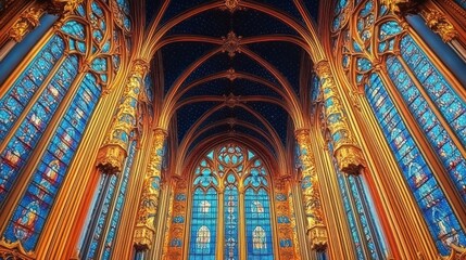 ornate gothic chapel interior with glowing golden columns, ribbed vaulted blue ceiling and vivid stained glass windows conveying awe and reverence