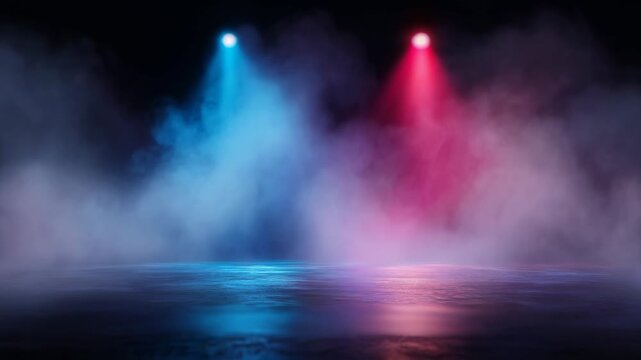 Vibrant stage lights creating dramatic blue and red ambiance in a dark setting