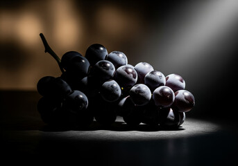 A cluster of dark purple or black grapes, dusted with natural bloom, is dramatically spot-lit against a deep, dark background.