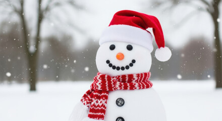 Fototapeta premium Charming Snowman Portrait Wearing Classic Red Santa Hat and Cheerful Scarf in Snowy Winter Landscape