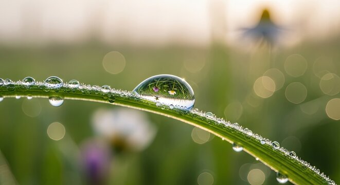 A dewdrop on a grass blade reflecting a daisy in a meadow at dawn.