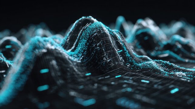 Digital Data Wave Visualization in Dark Background with Blue Highlights - Powered by Adobe