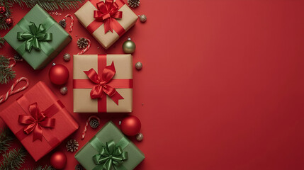 Classic Christmas Gift Arrangement with Traditional Ornaments &ndash; Red Background