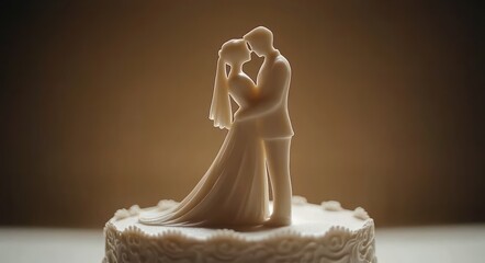 ivory wedding cake topper of bride and groom embracing in a tender romantic kiss atop an ornate white cake