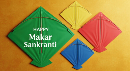 Cheerful Makar Sankranti: Festive Kite Composition with Bright Colors and Upbeat Holiday Greetings, Symbol of Harvest