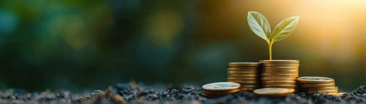 small green seedling emerging from stacked gold coins on soil with warm sunlight and soft bokeh background, conveying hopeful growth and sustainable prosperity