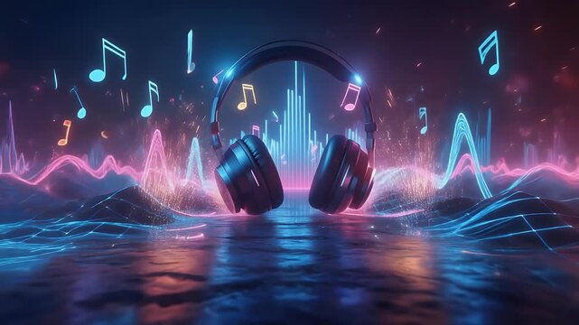 Immersive audio experience with sleek headphones and vibrant music notes, perfect for streaming services or audio product promotions and modern lifestyles