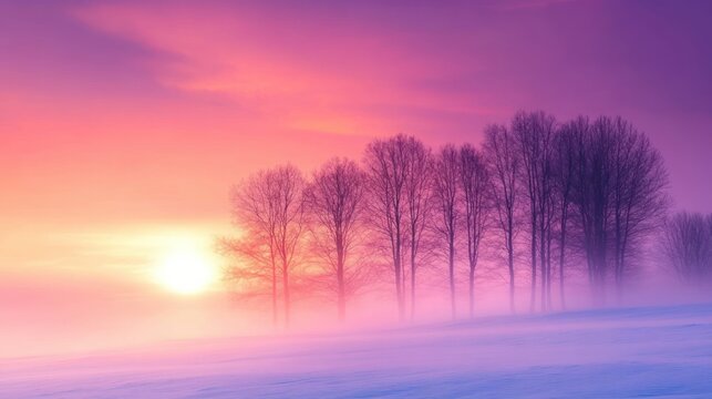 row of bare trees on a snowy hill with low mist and a glowing pink and purple sunrise, tranquil and dreamlike - Powered by Adobe