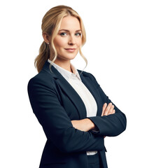 Portrait of a blonde woman in a business suit with arms crossed smiling