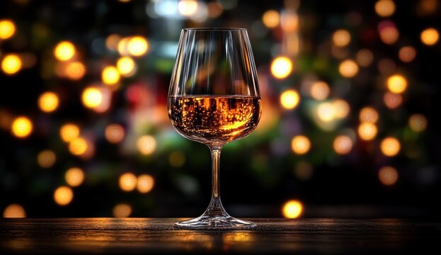 single stemmed glass of amber spirit on a wooden table with warm bokeh lights creating a cozy celebratory atmosphere