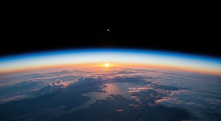 A stunning view of Earth's horizon with a vibrant sunrise or sunset, showcasing the planet's blue atmosphere and the horizon's gradient colors.