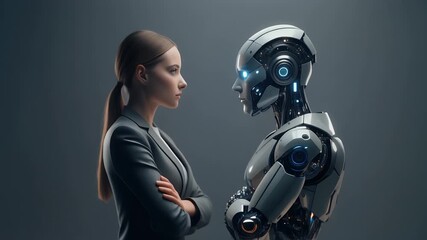 Futuristic video showcasing human and AI interaction, exploring the future of work and technology in a modern world with advanced robotics - Powered by Adobe