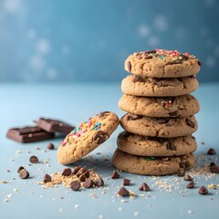 Stack of chocolate chip cookies with sprinkles on blue background