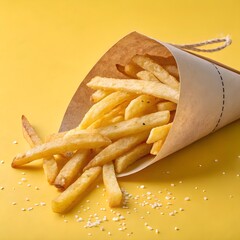 Golden french fries spilling out of a paper cone on yellow