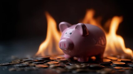 Piggy bank surrounded by coins with flames representing financial crisis or urgency