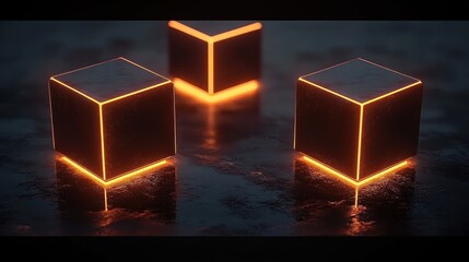 three dark metallic cubes with glowing orange edges on a reflective wet surface in a cinematic moody futuristic atmosphere