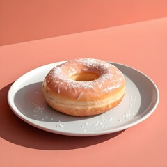 Glazed donut with powdered sugar on a plate with pink background