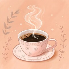 Steaming cup of coffee in a decorative pink cup on a saucer