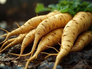 cluster of freshly harvested pale parsnips with green tops resting on dark soil, rustic earthy and wholesome mood