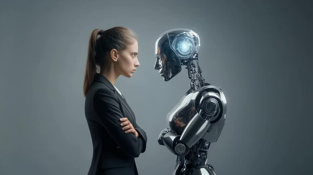 Futuristic video shows face-off between a determined businesswoman and an advanced android, creating a powerful symbol of technology and humanity