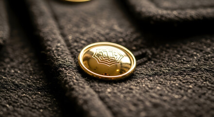 Close-up of a Shiny Gold Button on a Dark Textured Wool Coat