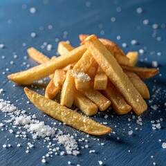 Pile of golden french fries seasoned with coarse sea salt