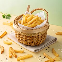 Golden french fries served in a small wicker basket on table