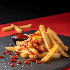 Delicious french fries drizzled with ketchup on dark slate