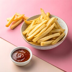 Golden french fries served in a bowl with ketchup on pink background