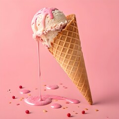 Melting strawberry ice cream cone dripping pink syrup on pink