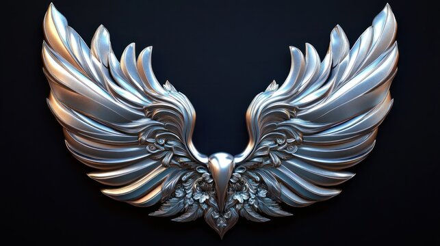 polished silver ornamental wings with stylized bird head and intricate filigree, symmetrical metallic crest on dark background conveying majestic powerful elegance