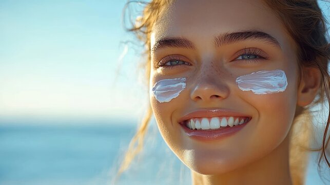 sunlit golden hair and ear at the seaside with calm blue sea and sky conveying a peaceful summer mood