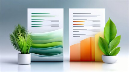 Two potted green plants stand next to two documents displaying financial graphs and data. The scene is set in a clean studio environment with bright, even light