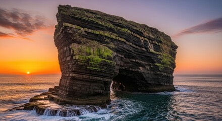 A large, rocky outcrop jutting into the ocean at sunset, with a vibrant orange and pink sky.